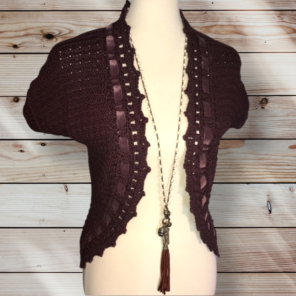 Ann Taylor Loft Crochet Knit Mocha Brown Nice Weight Shrug Bolo Small